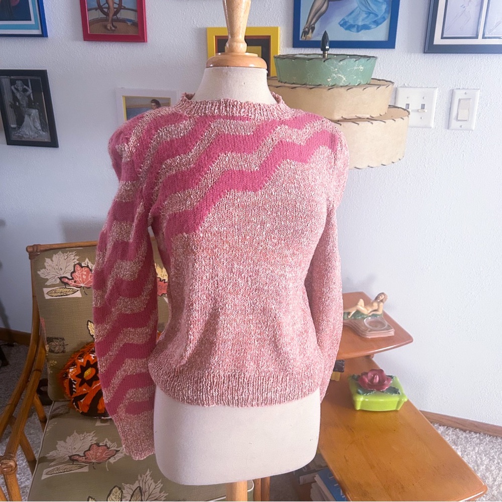 Vintage 1940s Style Sweater | Pink | Handknit | Puff Sleeve | M L | 80s | 40s
